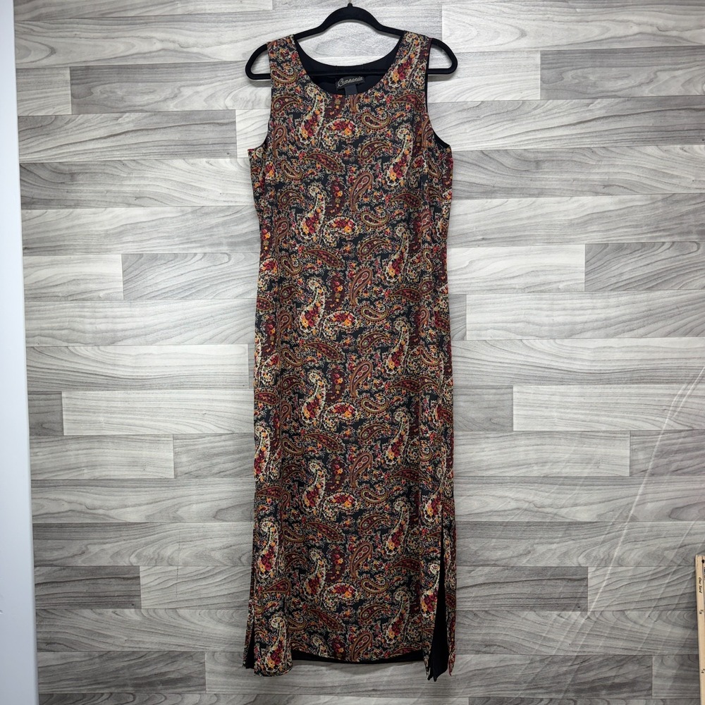 Componix Maxi Dress Women's 14 Brown Black Side Slits Reversible‎ Sleeveless Y2K